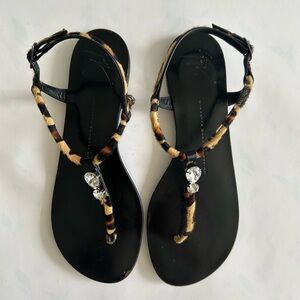 GIUSEPPE ZANOTTI Ponyhair Animal Print T Strap Sandals - Size EU 38/ USA 7